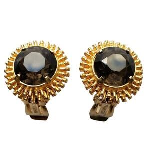 Marvella Button Smoke Clip On Earrings Gold Tone Faceted Glass Vintage 1960s